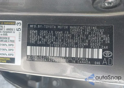 2007 Toyota Corolla Le из США, поврежденный, VIN 2T1BR32E77C787313